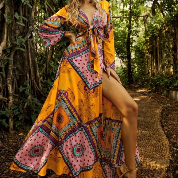 Boho Festival Floral Print Crop Top Blouse Slit Maxi Skirt Set vibrant Orange - Picture 2 of 10